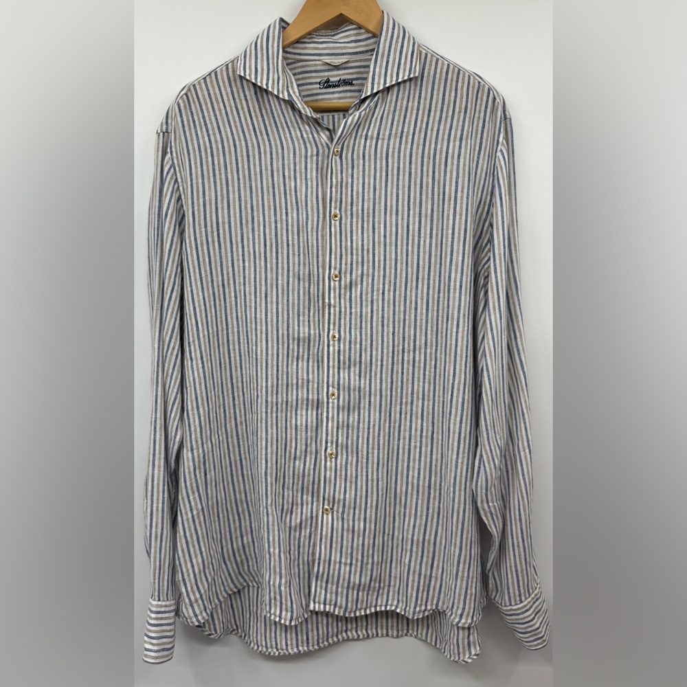 SOLD
Linen Fitted Body Men's Shirt Blue Tan Striped XL